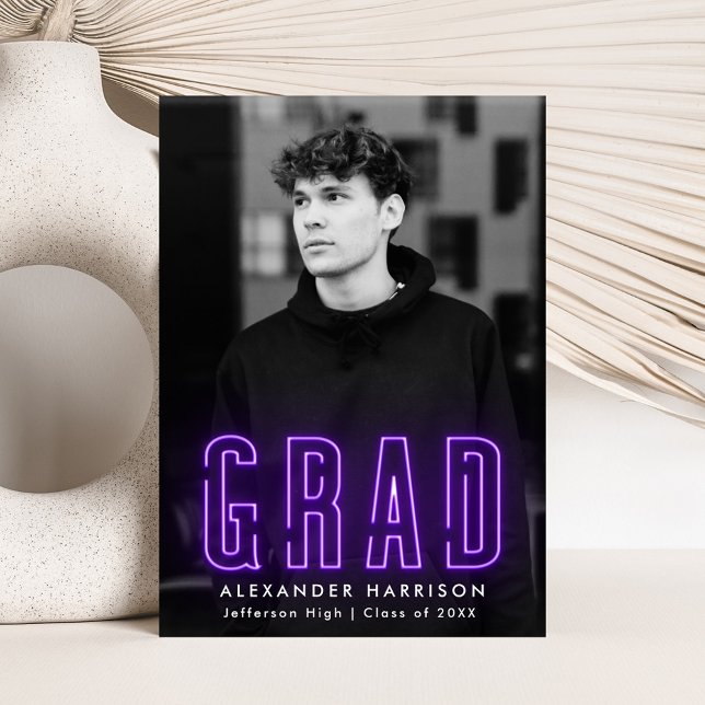 Modern Purple Neon Vertical Photo Graduation Announcement (Creator Uploaded)