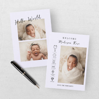 Modern Purple Newborn 3 Photo Birth Stats Announcement