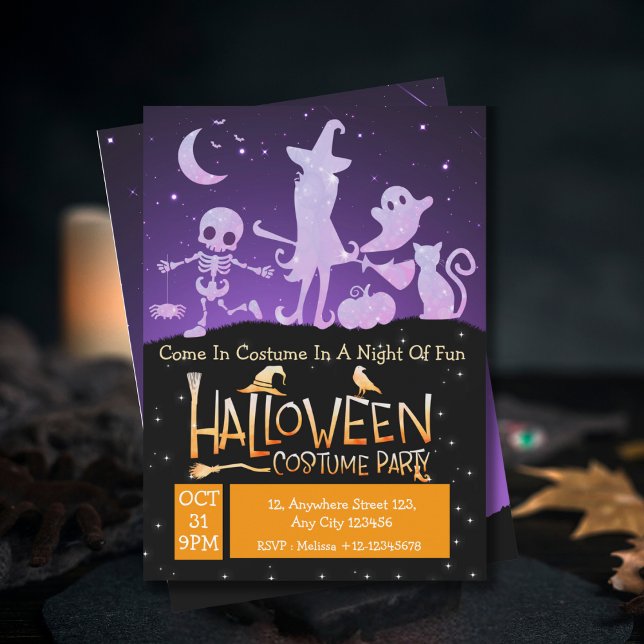 Modern Purple Orange Black Halloween Costume Invitation (Creator Uploaded)