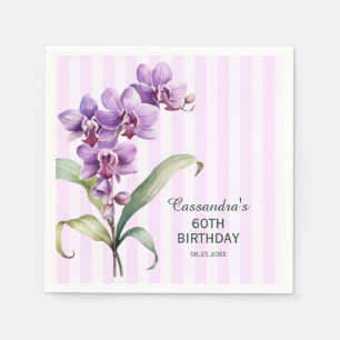 Modern Purple Orchid Stripes Floral 60th Birthday Napkin