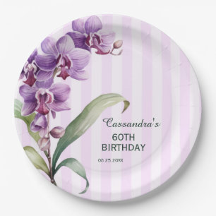 Modern Purple Orchid Stripes Floral 60th Birthday  Paper Plate