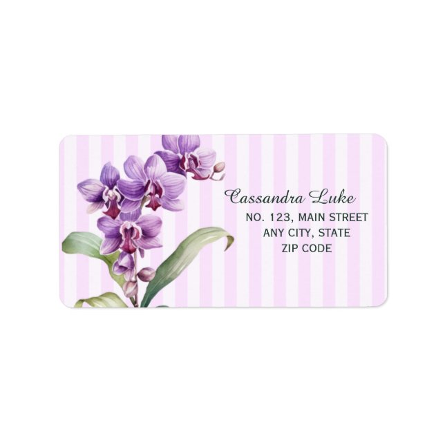 Modern Purple Orchid Stripes Floral Birthday Label (Front)