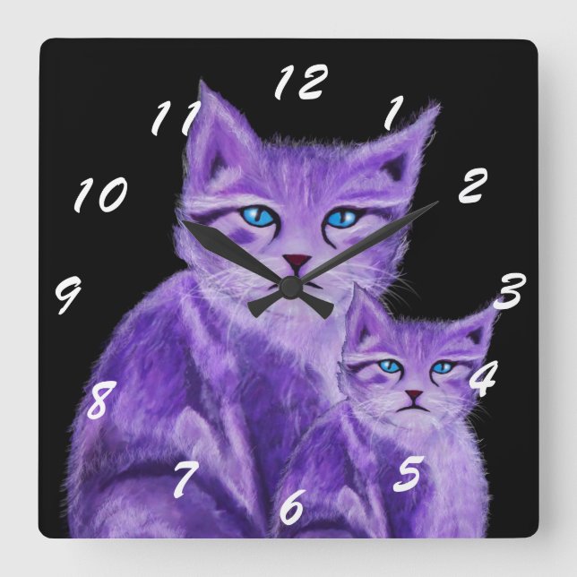 Modern purple painted cat with blue eyes square wall clock (Front)