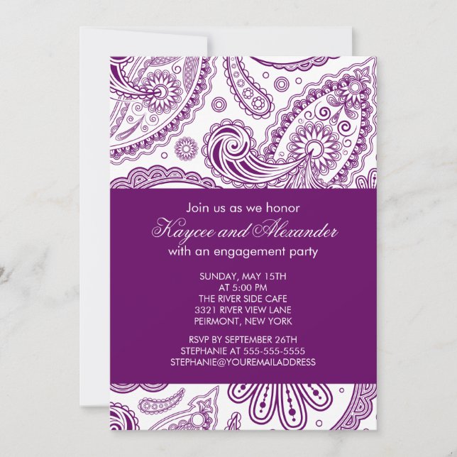 Modern Purple Paisley Engagement Party Invitations (Front)