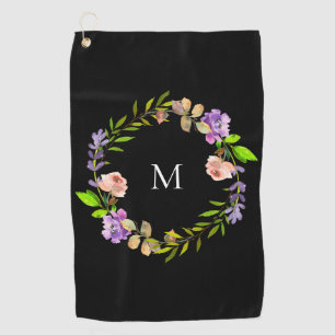 Modern Purple Peach Black Floral Wreath Monogram Golf Towel