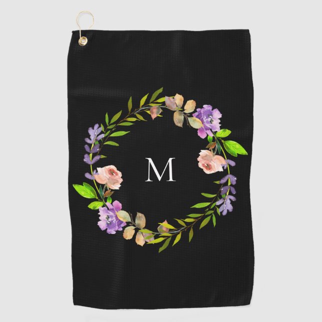 Modern Purple Peach Black Floral Wreath Monogram Golf Towel (Front)