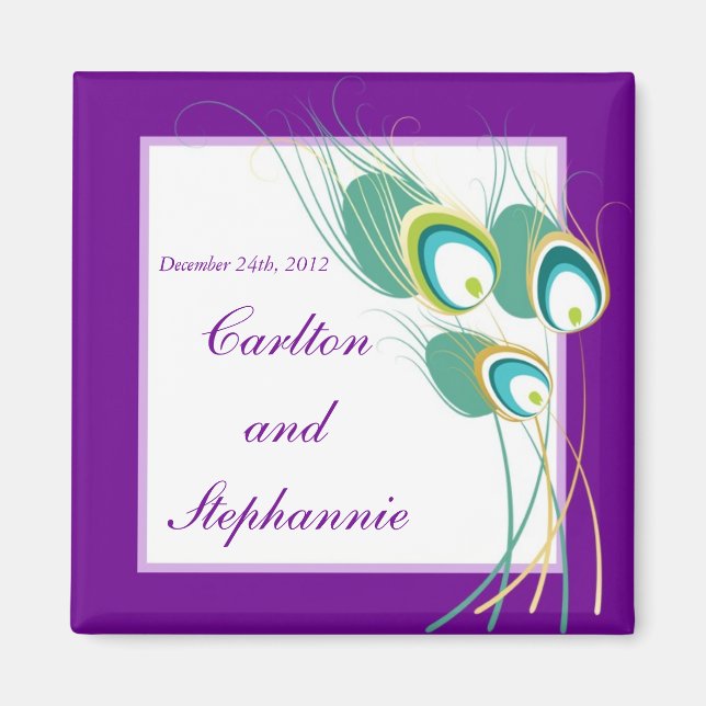 Modern Purple Peacock Wedding Magnet Favour (Front)