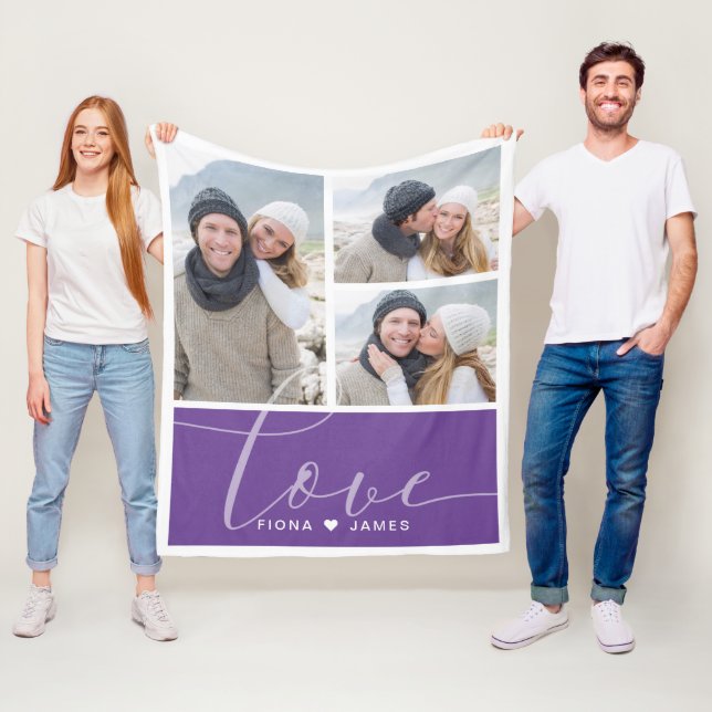 Modern Purple Photo Collage Love Personalised Fleece Blanket (In Situ)
