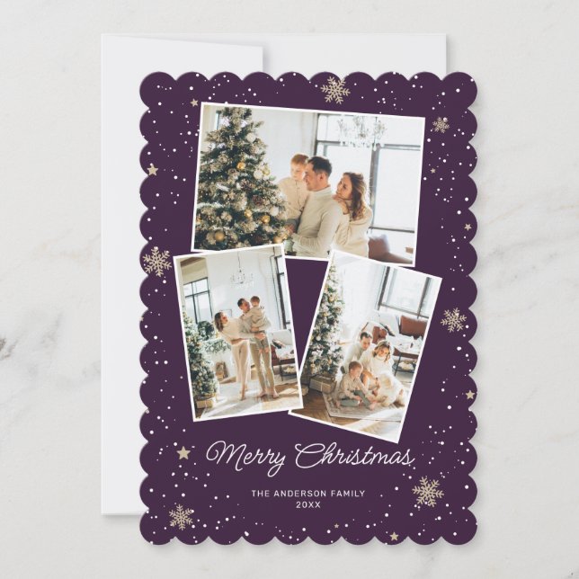 Modern Purple Photo Collage Merry Christmas Card (Front)