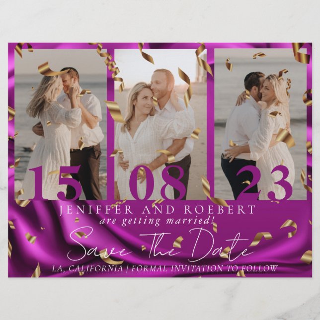Modern Purple Photo Collage Save the Date Card (Front)