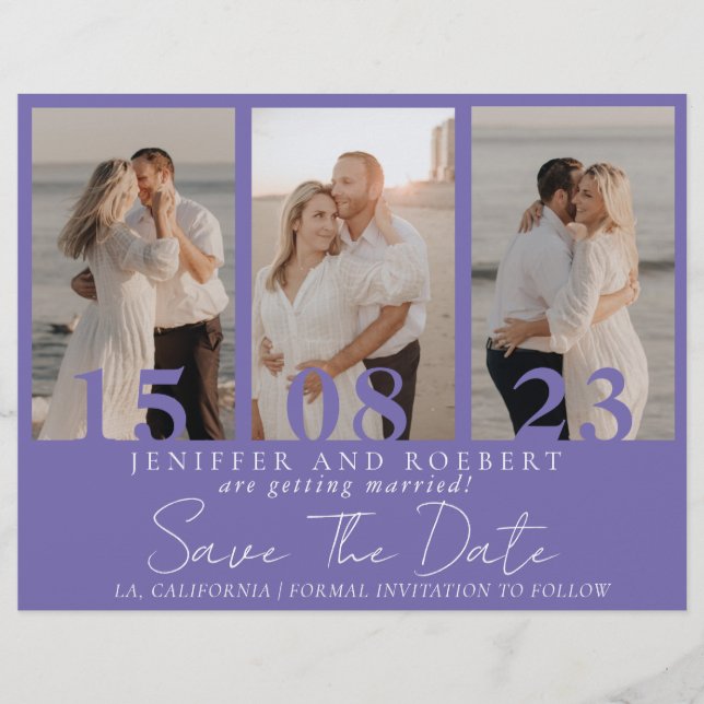 Modern Purple Photo Collage Save the Date Card Fly (Front)