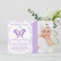 Modern Purple Photo Floral Butterfly 1st Birthday