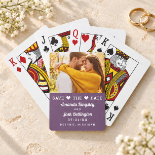 Modern Purple Photo Heart Save the Date Playing Cards