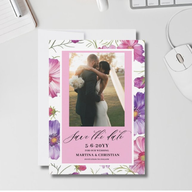 Modern Purple Pink Blossom Script Photo Wedding  Save The Date (Creator Uploaded)