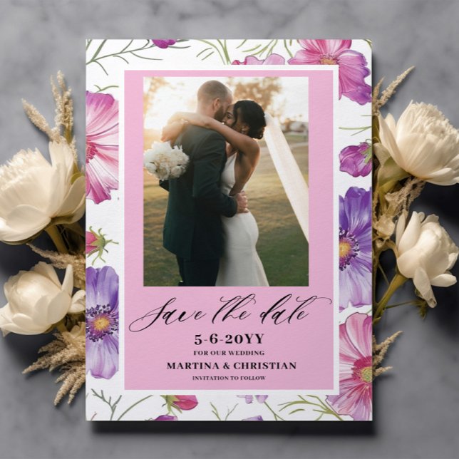 Modern Purple Pink Blossom Script Photo Wedding  Save The Date (Creator Uploaded)