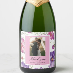 Modern Purple Pink Blossom Script Photo Wedding Sparkling Wine Label