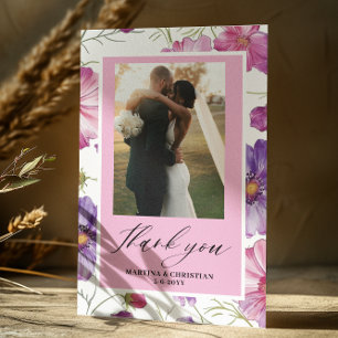 Modern Purple Pink Blossom Script Photo Wedding Thank You Card