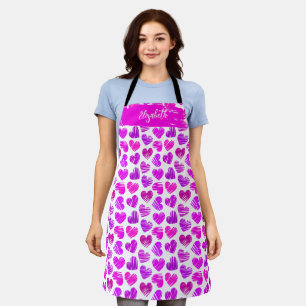 Modern Purple Pink Doodled Hearts Valentine Name  Apron