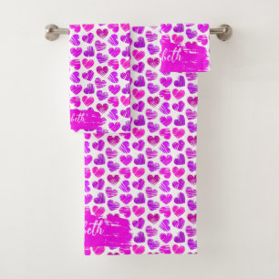 Modern Purple Pink Doodled Hearts Valentine Name  Bath Towel Set