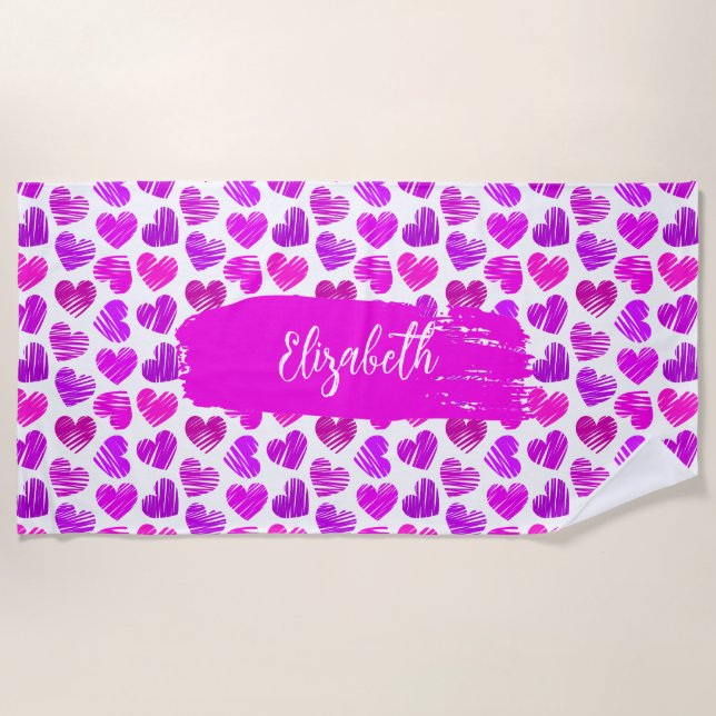 Modern Purple Pink Doodled Hearts Valentine Name  Beach Towel (Front)