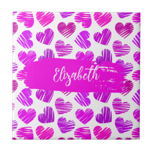Modern Purple Pink Doodled Hearts Valentine Name  Ceramic Tile