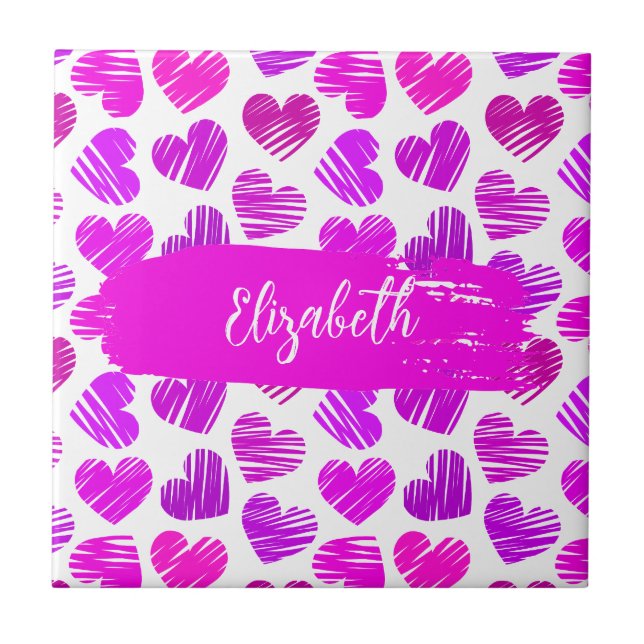 Modern Purple Pink Doodled Hearts Valentine Name  Ceramic Tile (Front)