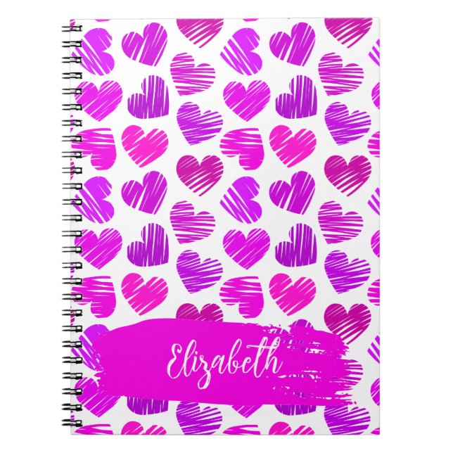Modern Purple Pink Doodled Hearts Valentine Name  Notebook (Front)