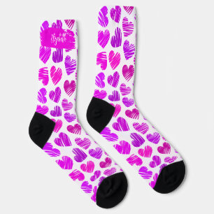 Modern Purple Pink Doodled Hearts Valentine Name  Socks