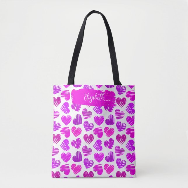 Modern Purple Pink Doodled Hearts Valentine Name  Tote Bag (Front)