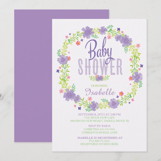 Modern Purple Pink Floral Wreath Baby Shower Invitation (Front/Back)