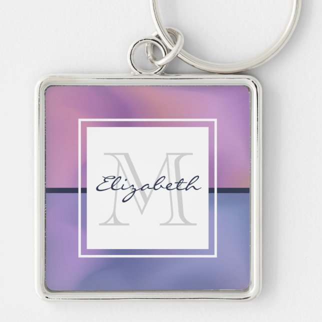 Modern Purple & Pink Swirling Abstract Monogram Key Ring (Front)