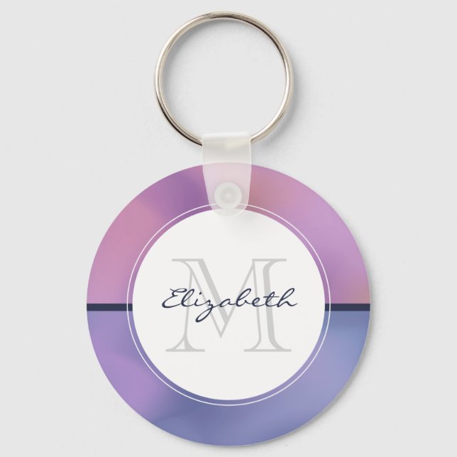Modern Purple & Pink Swirling Abstract Monogram Key Ring (Front)