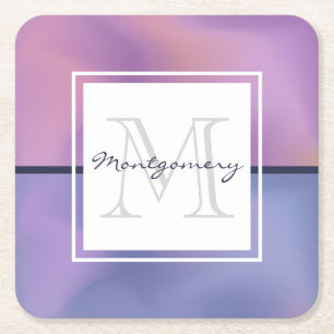 Modern Purple & Pink Swirling Abstract Monogram Square Paper Coaster