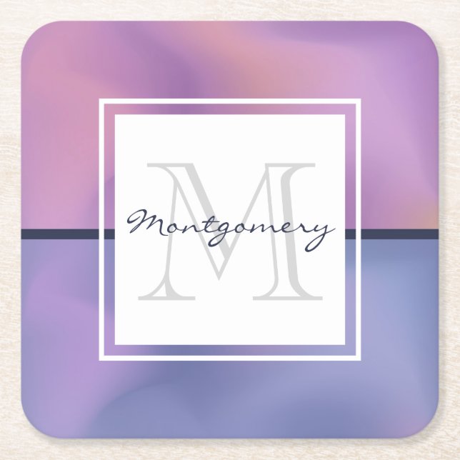 Modern Purple & Pink Swirling Abstract Monogram Square Paper Coaster (Front)