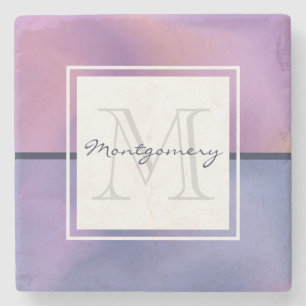 Modern Purple & Pink Swirling Abstract Monogram Stone Coaster