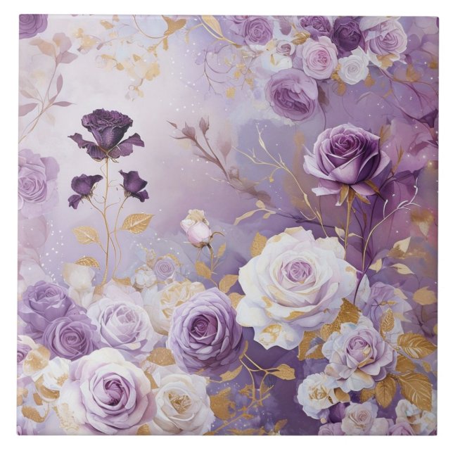 Modern Purple/ Pink/ White Roses Ceramic Tile (Front)