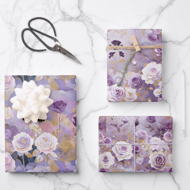 Modern Purple/ Pink/ White Roses Pattern Wrapping Paper Sheet (Front)