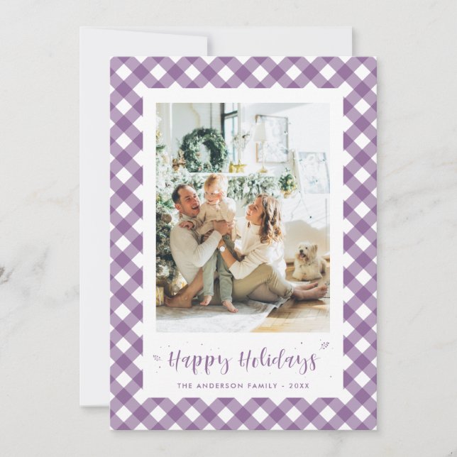 Modern Purple Plaid Calligraphy Photo Holiday Card (Front)