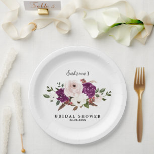 Modern Purple Plum Blush Pink Floral Wedding Paper Plate
