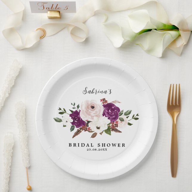 Modern Purple Plum Blush Pink Floral Wedding Paper Plate (Wedding)