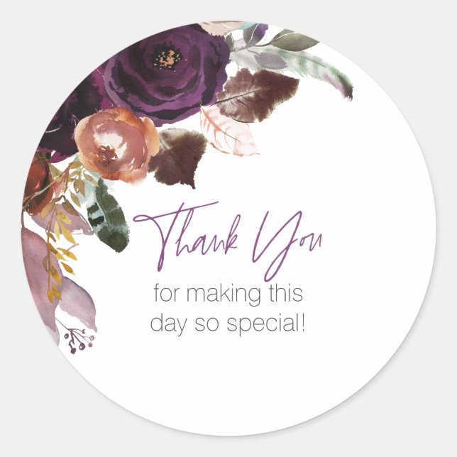 Modern Purple Plum Floral Personalised Thank You Classic Round Sticker (Front)