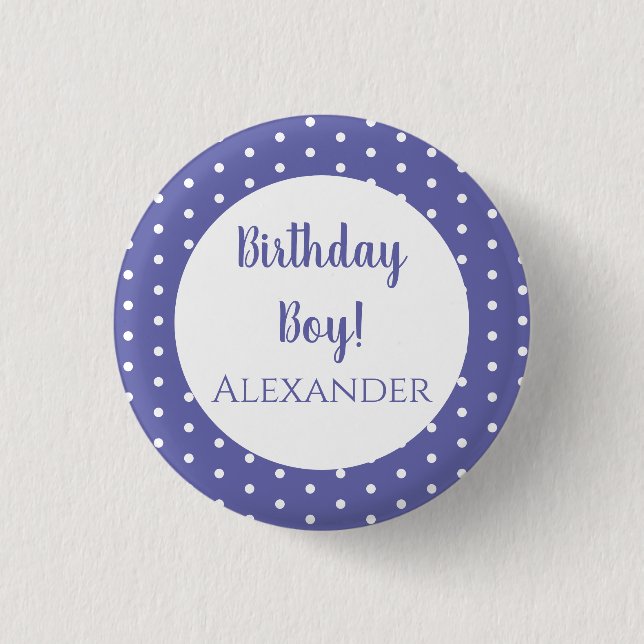 Modern Purple Polka Dots Name Birthday Boy 3 Cm Round Badge (Front)