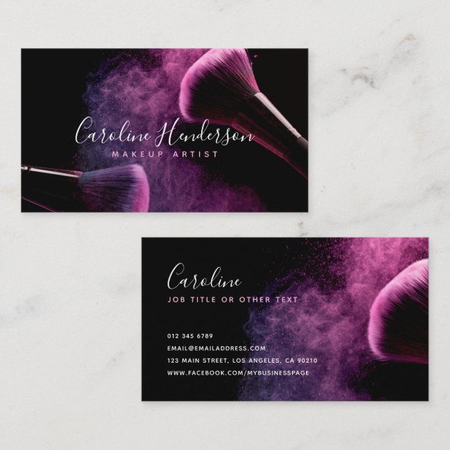 Modern Purple Powder & Brushes Makeup Artist Business Card (Front/Back)