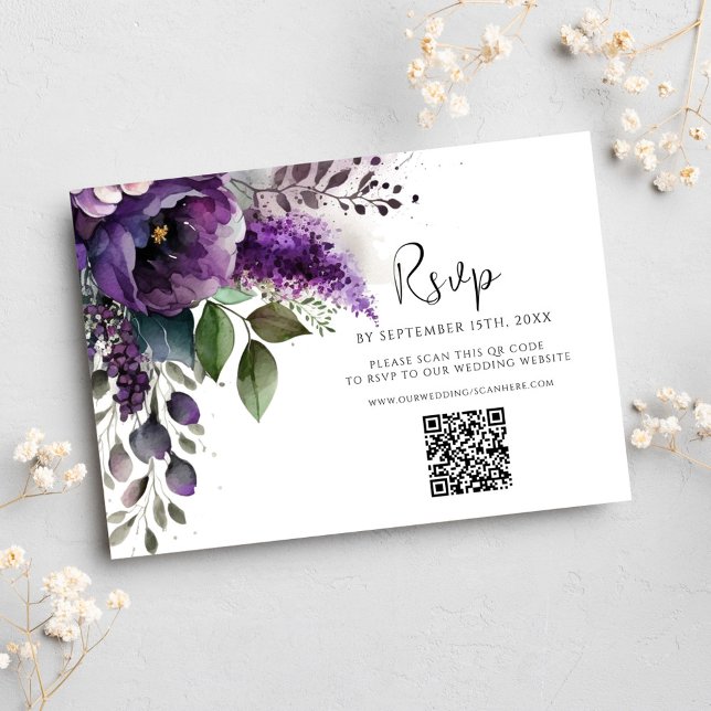 Modern Purple QR Code Elegant Floral Wedding RSVP Card (Modern Purple QR Code Elegant Floral Wedding RSVP Card)