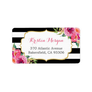 Modern Purple Red Pink Fuchsia Floral BW Stripes Label
