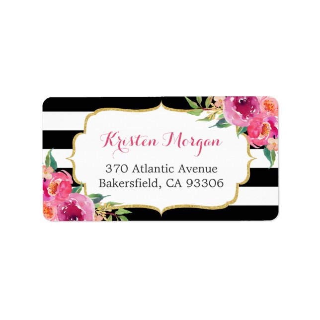 Modern Purple Red Pink Fuchsia Floral BW Stripes Label (Front)
