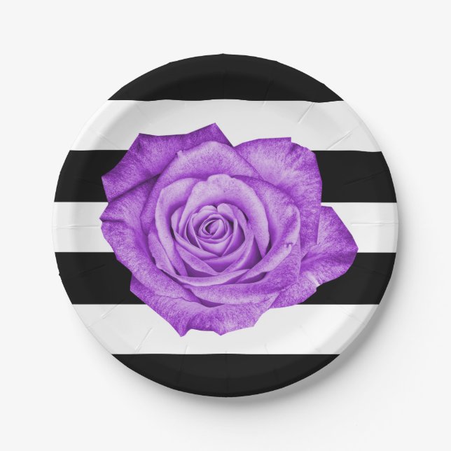 Modern Purple Rose Black White Striped Wedding Paper Plate (Front)
