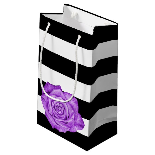 Modern Purple Rose Black White Striped Wedding Small Gift Bag (Back Angled)
