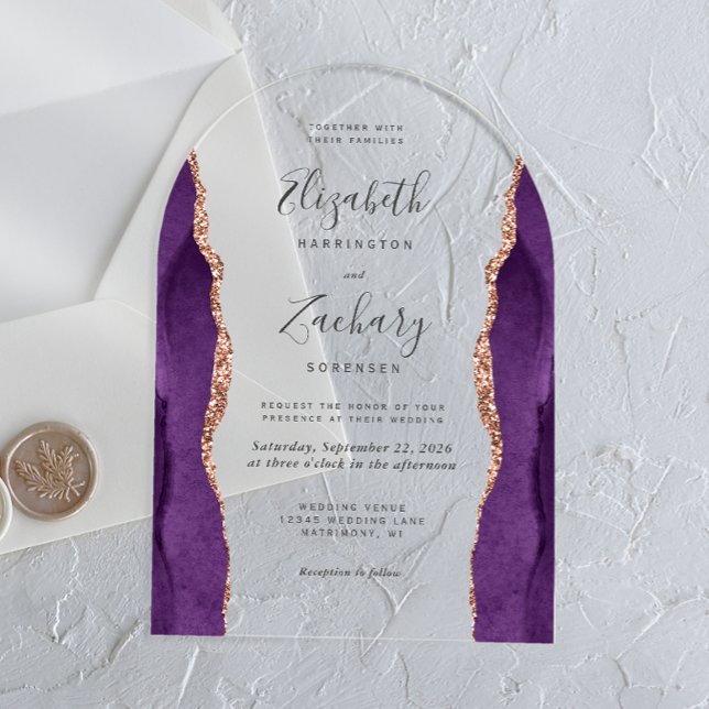 Modern Purple Rose Gold Agate Wedding Arch Acrylic Invitations (Creator Uploaded)