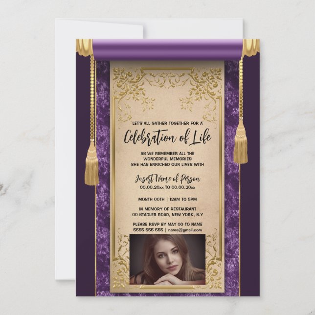 Modern purple satin scroll tassels sepia photo invitation (Front)